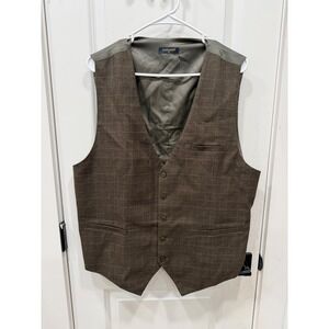 Hisdern Mens XL Suit Vest Brown Windowpane Plaid Formal Waistcoat Adjustable